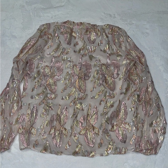 Lilly Pulitzer Sheer Blouse with Pink and Gold Metallic Leaf Motif - Picture 3 of 7